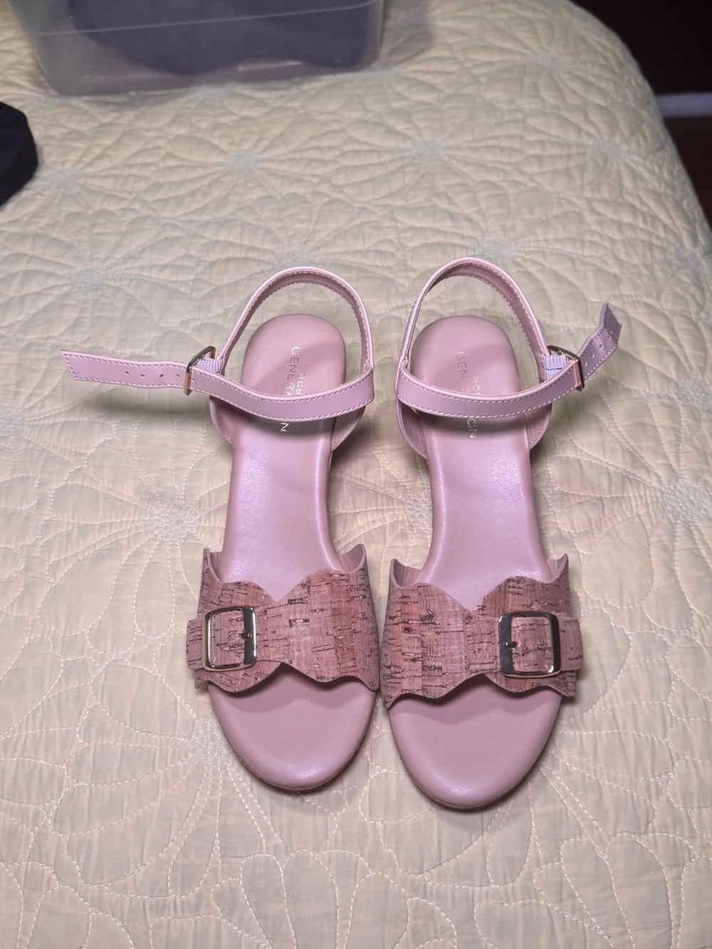 BCBGeneration Beige/Nude Cork-Accent Ankle Strap Wedges